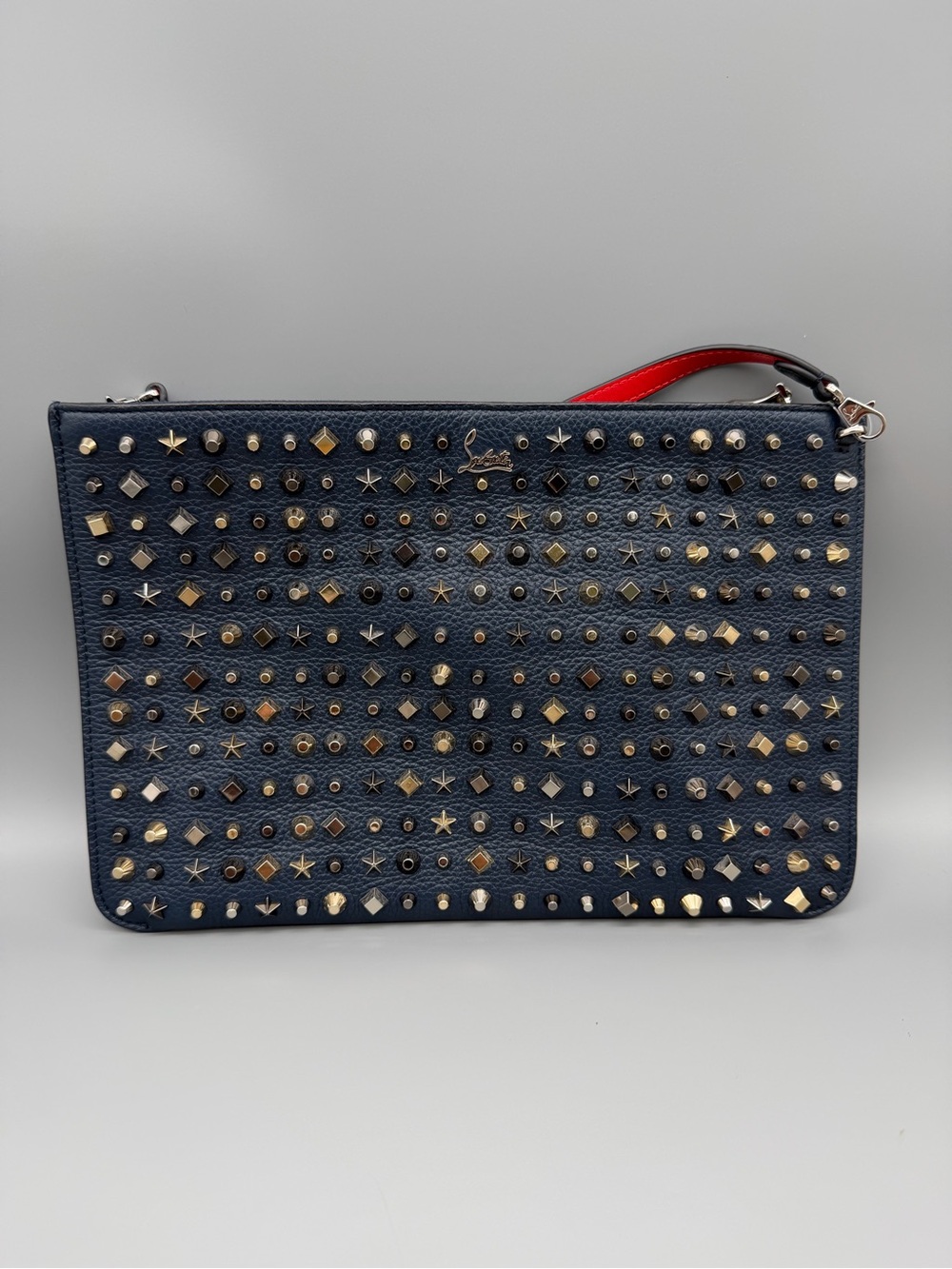 Christian Louboutin Navy Leather Studded Wristlet with Red Strap